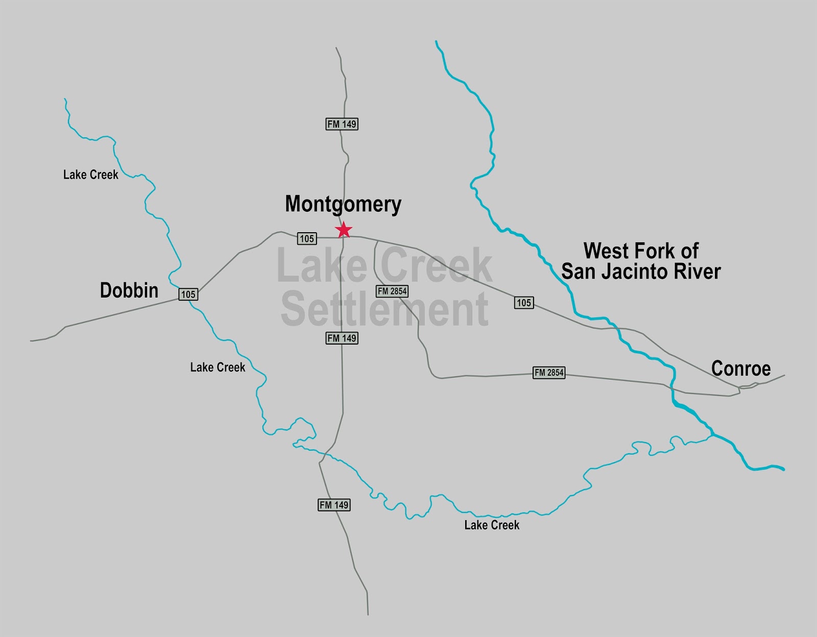 Map Showing Lake Creek Settlement and Current Cities and Roads